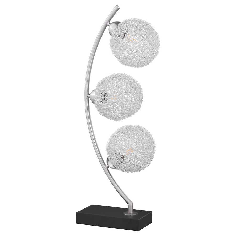 Elegant black metal table lamp with three textured globe shades and a modern arched design, perfect for home or office lighting