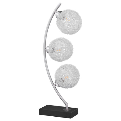 Elegant black metal table lamp with three textured globe shades and a modern arched design, perfect for home or office lighting