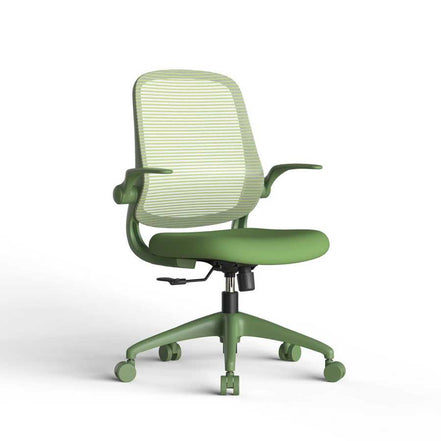 Green office chair with mesh back on a white background
