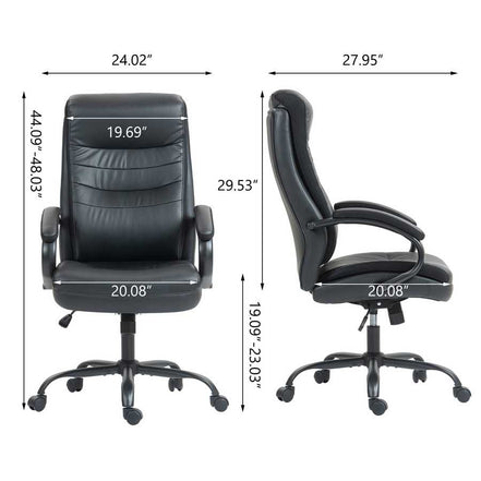 PU Material Office Chair 9131HJ-PU-KD with detailed dimensions, showcasing adjustable height and spacious seat for ergonomic support.