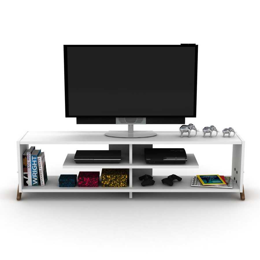 Mid Century Modern TV Stand - 57 Inch & Open Storage Unit with 4 shelves, holding TV, consoles, books, and decor in white finish.