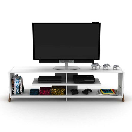 Mid Century Modern TV Stand - 57 Inch & Open Storage Unit with 4 shelves, holding TV, consoles, books, and decor in white finish.