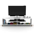 Mid Century Modern TV Stand - 57 Inch & Open Storage Unit with 4 shelves, holding TV, consoles, books, and decor in white finish.