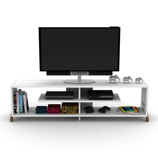 Mid Century Modern TV Stand - 57 Inch & Open Storage Unit with 4 shelves, holding TV, consoles, books, and decor in white finish.