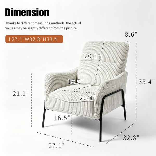 An upholstered armchair with dimension callouts and measurements on a light gray background. The chair has a ribbed off-white fabric and black metal legs.
