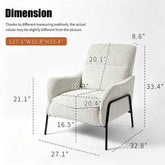An upholstered armchair with dimension callouts and measurements on a light gray background. The chair has a ribbed off-white fabric and black metal legs.