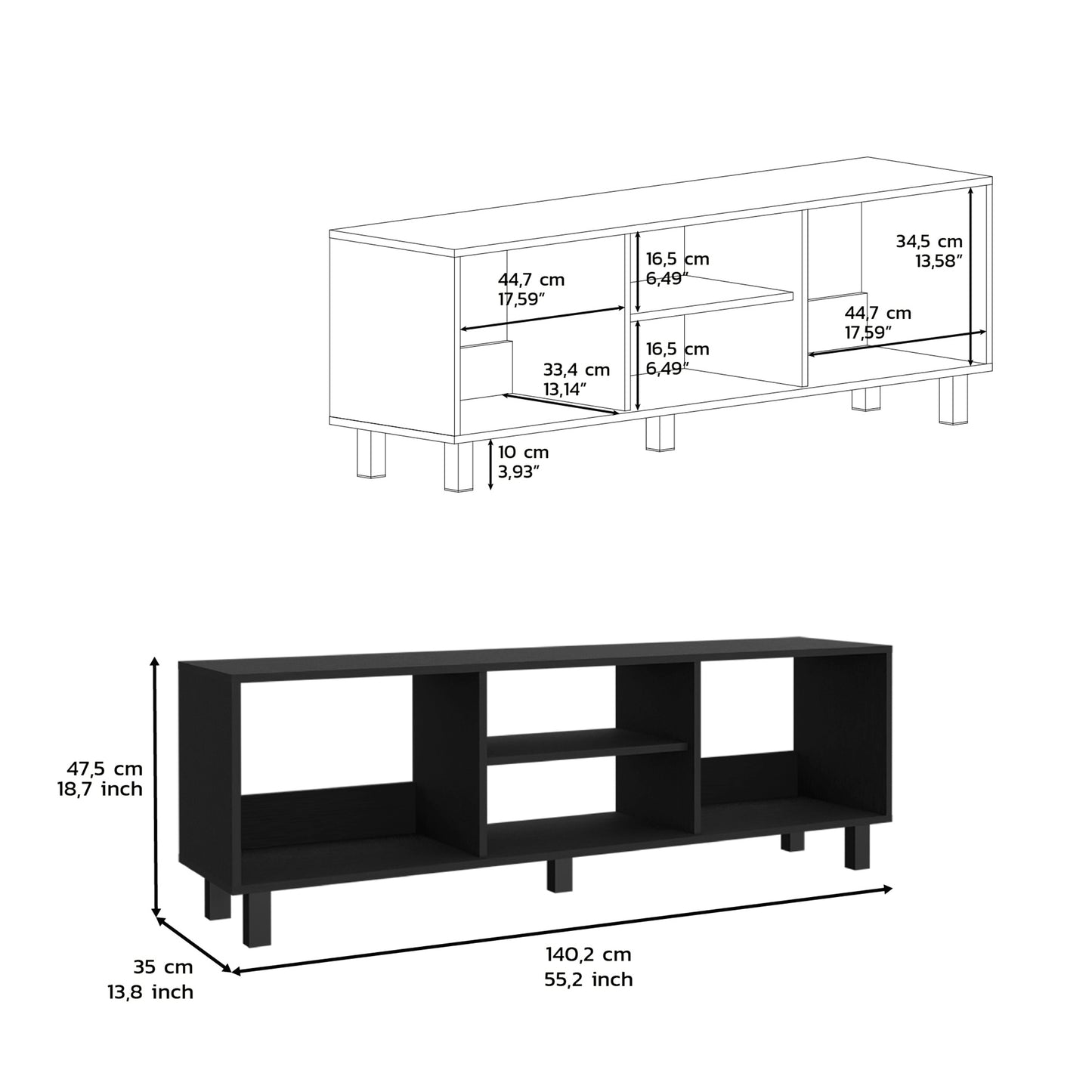 Dimensions of Carter Black TV Stand with multiple open shelves. Spacious design fits large TVs and entertainment accessories.