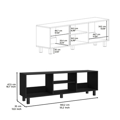 Dimensions of Carter Black TV Stand with multiple open shelves. Spacious design fits large TVs and entertainment accessories.