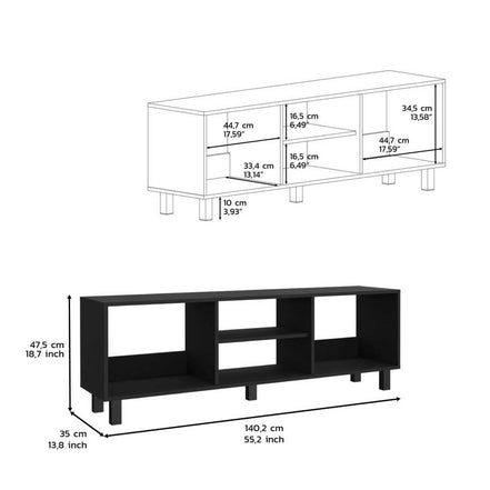 Dimensions of Carter Black TV Stand with multiple open shelves. Spacious design fits large TVs and entertainment accessories.