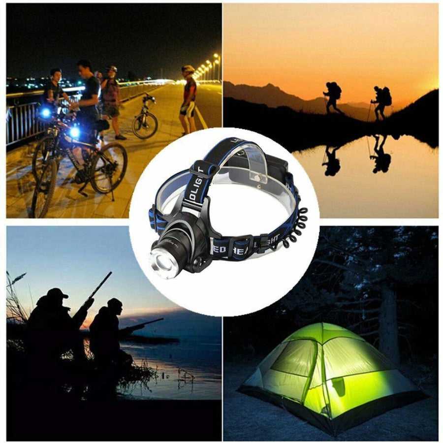 Rechargeable LED Headlamp shown in various outdoor activities like hiking, biking, and camping, highlighting its versatility.