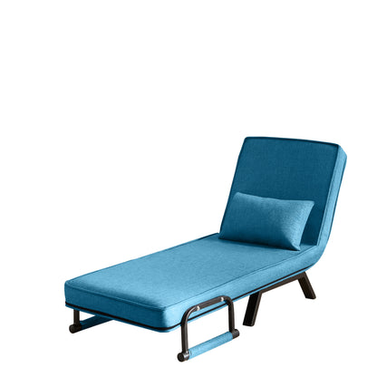 Isolated view of Convertible Folding Chair Bed - Compact & Multi-Functional in blue linen, shown in chaise lounge position for product display.
