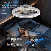 Ceiling fan above a person sleeping in a bedroom with features highlighted.