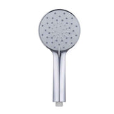 Round shower head with a white handle on a white background
