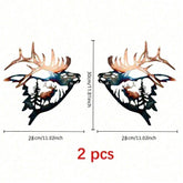 Two metal wall art pieces of deer heads with antlers, showing dimensions and &