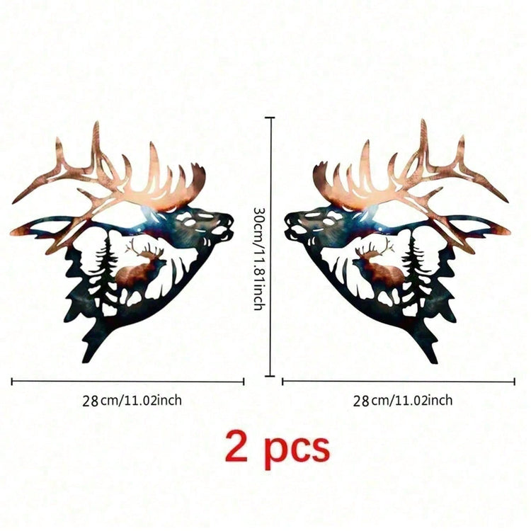 Two metal wall art pieces of deer heads with antlers, showing dimensions and &