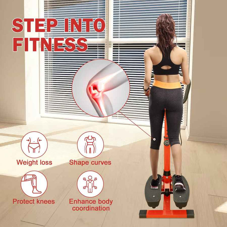 Compact orange and black stair stepper for cardio workout with LCD display, foldable design, ideal for home exercise