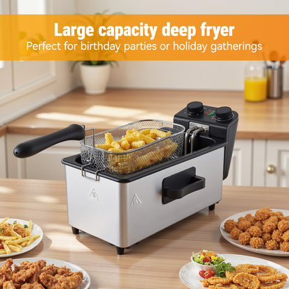 3L Deep Fryer with Basket, 1700W Electric Deep Fryer with Time & Temperature Control for Home Use, Removable Basket, Lid with View Window and Odor Free Filter, Stainless Steel, Dishwasher Safe