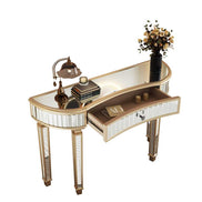 Mirrored Console Table with crystal knob drawer open, revealing interior storage, perfect for entryway or bedroom organization.