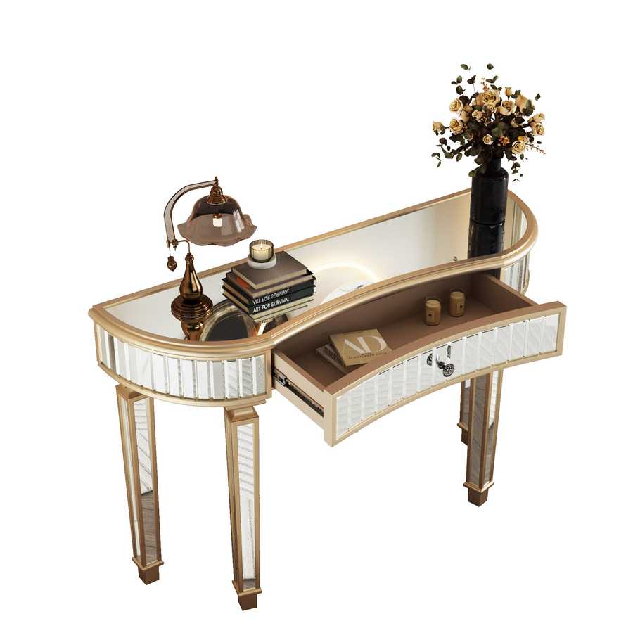 Mirrored Console Table with crystal knob drawer open, revealing interior storage, perfect for entryway or bedroom organization.