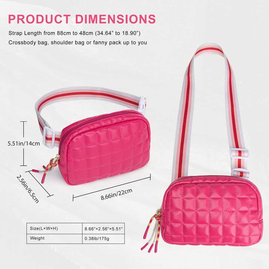 Pink crossbody bag with strap length measurement on a white background