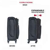 Black suitcase before and after expansion with text indicating flexible packing space and expandable feature.
