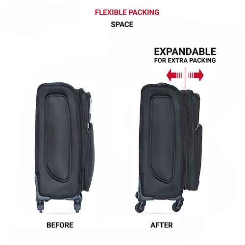 Black suitcase before and after expansion with text indicating flexible packing space and expandable feature.