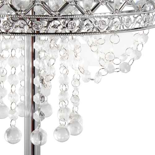 Silver-toned metal chandelier detail with clear faceted crystal drops and circular bead strands on a white background.