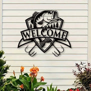 Fishing-inspired metal wall decor with welcome sign