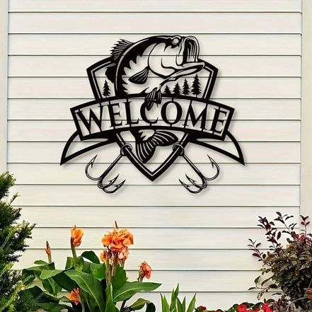 Fishing-inspired metal wall decor with welcome sign