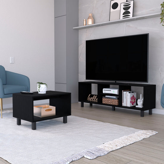 Hoven Living Room Set with TV stand and coffee table featuring a modern black finish and TV rack, perfect for chic entertainment spaces.