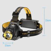 Ergonomic LED headlamp for camping and hiking with adjustable strap and 15cm headband. Compact 3.5cm light head for outdoor use.