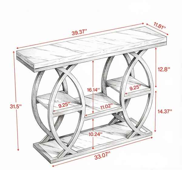A line drawing of a console table with overlaid red dimension arrows and measurements, showing the full height, width, and shelf depths on a white background.