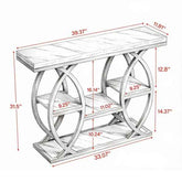 A line drawing of a console table with overlaid red dimension arrows and measurements, showing the full height, width, and shelf depths on a white background.