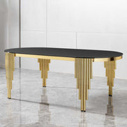 Elegant oval dining table with black tempered glass top and gold base, perfect for seating 8 in a contemporary dining space.