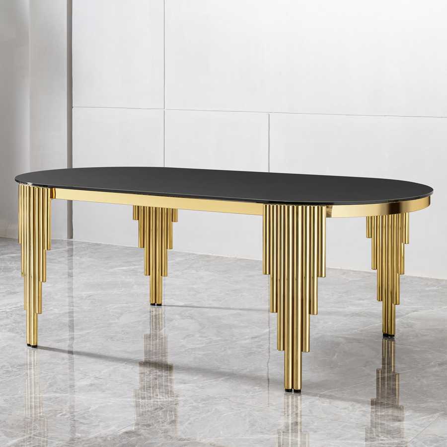 Elegant oval dining table with black tempered glass top and gold base, perfect for seating 8 in a contemporary dining space.