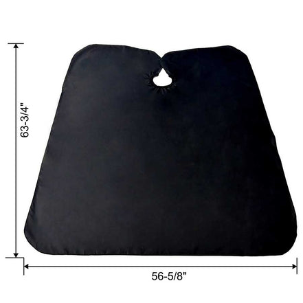Black salon cape with neck cutout, measuring 63-3/4 by 56-5/8 inches, designed for use with Heavy Duty Hydraulic Barber Chair.