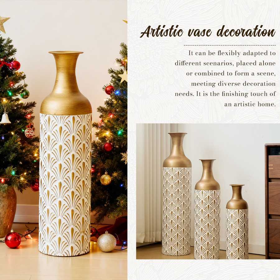 Artistic display of metal floor vases near a Christmas tree, highlighting their adaptability for seasonal and everyday decor.