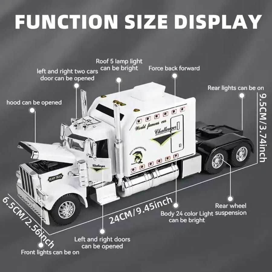 Model truck with labeled features and dimensions on a dark background