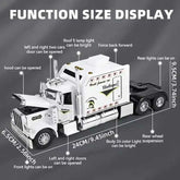 Model truck with labeled features and dimensions on a dark background