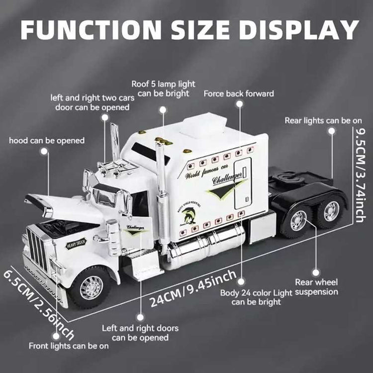 Model truck with labeled features and dimensions on a dark background