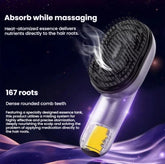 A handheld hair root massage brush with a black combing head and a clear cylindrical body containing a yellow liquid, shown against a dark purple cosmic background with promotional text about heat-atomized essence and 167 roots.