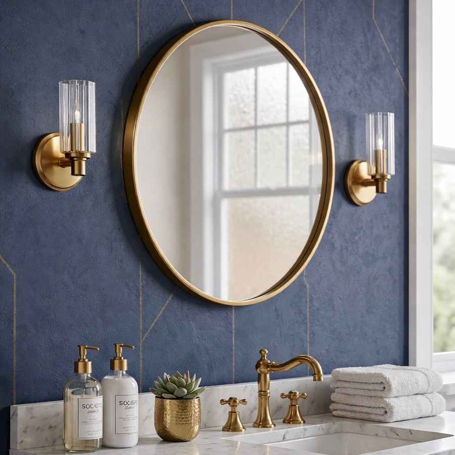 Bathroom with round gold mirror, gold fixtures, and blue tiled wall.