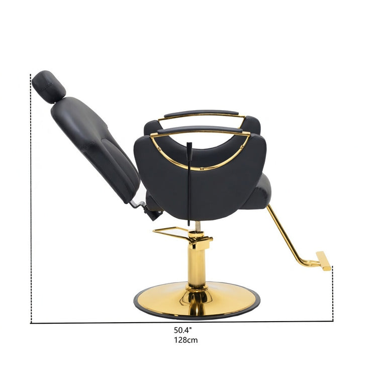 Black leather barber chair with gold metal base and armrests, shown with dimension lines and text indicating 50.4 inches (128 cm) height.