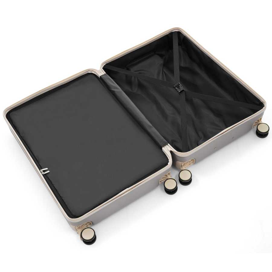 Durable lightweight luggage set with TSA lock and 360° spinner wheels, featuring spacious interior with cross straps and zippered divider for organized travel.