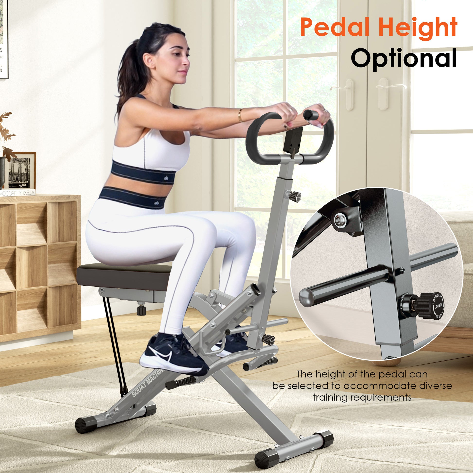 Adjustable pedal height feature on Home Gym Squat Machine - Adjustable Resistance. Customizable for diverse training needs in compact home gyms.