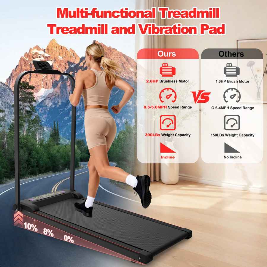 Treadmill display showing speed range 0.5-5.0MPH, with a woman running, suitable for home fitness