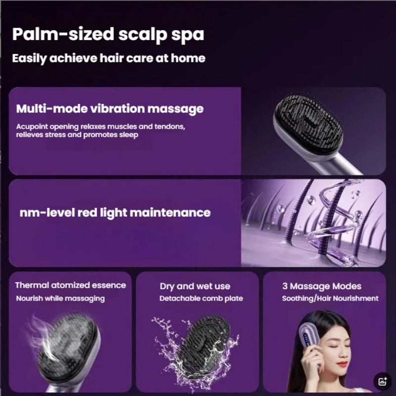 Promotional graphic for a palm-sized scalp spa device, showing the product in three inset photos and text describing features such as multi-mode vibration massage, nm-level red light maintenance, thermal atomized essence, detachable comb plate, and 3 massage modes. A woman is shown using the device in the lower-right panel.