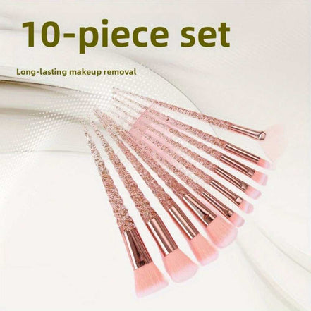 10-piece Pink Crystal Makeup Brush Set with glitter handles and soft pink bristles for long-lasting, precise makeup application.