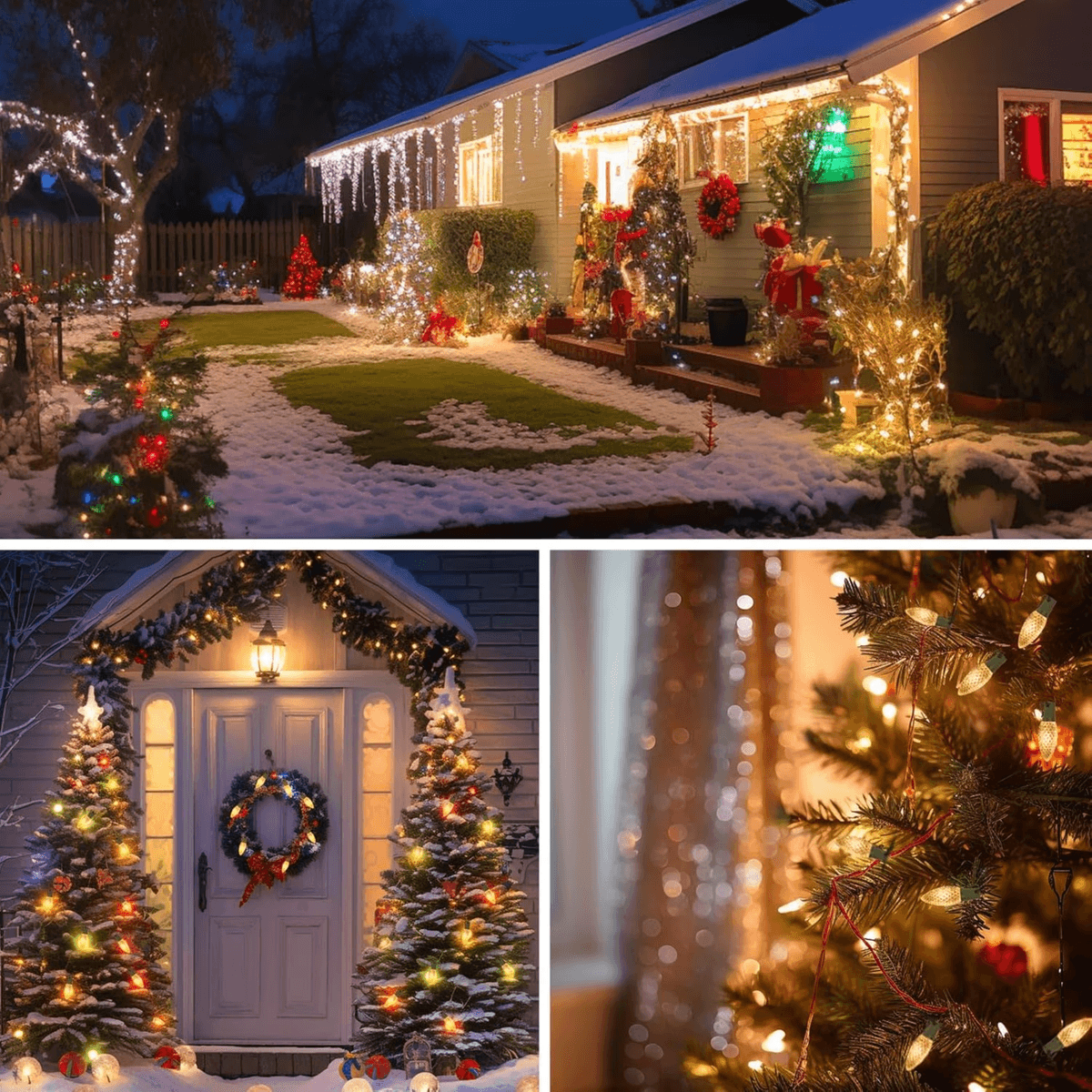 100 ft C9 LED Christmas string lights on a house, front door and Christmas tree