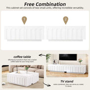 Versatile Modern TV Stand and Coffee Table Set shown in two configurations, usable as coffee table or TV console with hidden storage.